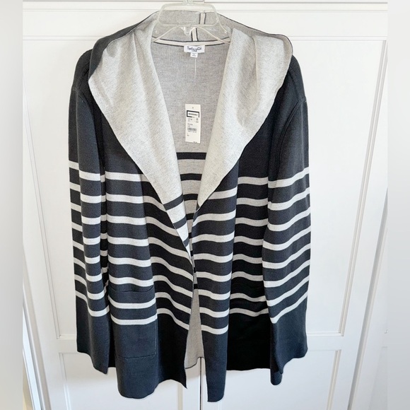 New! Splendid Sydney Cashblend Black/Gray Stripe Reversible Cardigan Sz Large - Picture 2 of 15